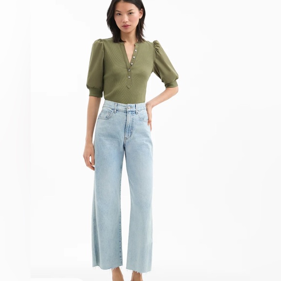 Veronica Beard Coralee Puff-Sleeve Half-Sleeve Henley Top Green stone army Small - Picture 3 of 8